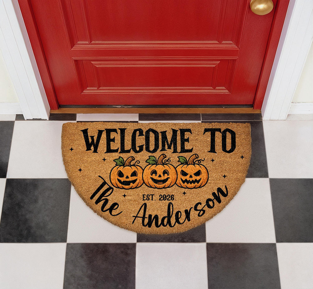 Custom Halloween Doormat, Personalized Family Pumpkin Welcome Mat