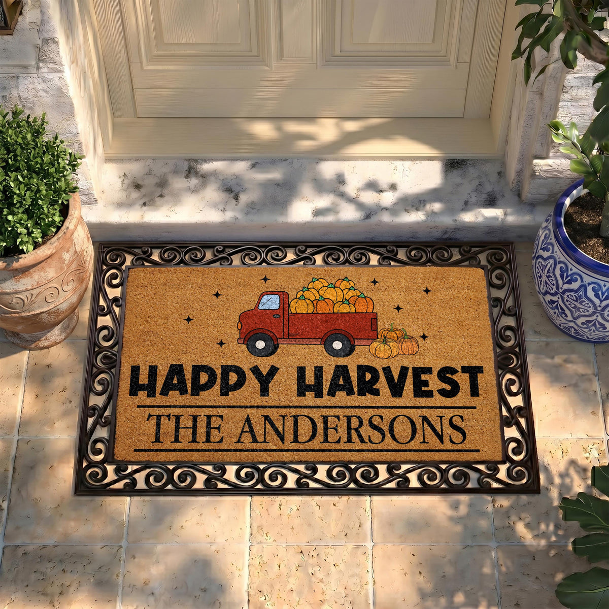 Personalized Happy Harvest Doormat, Interchangeable Fall Farmhouse Decor