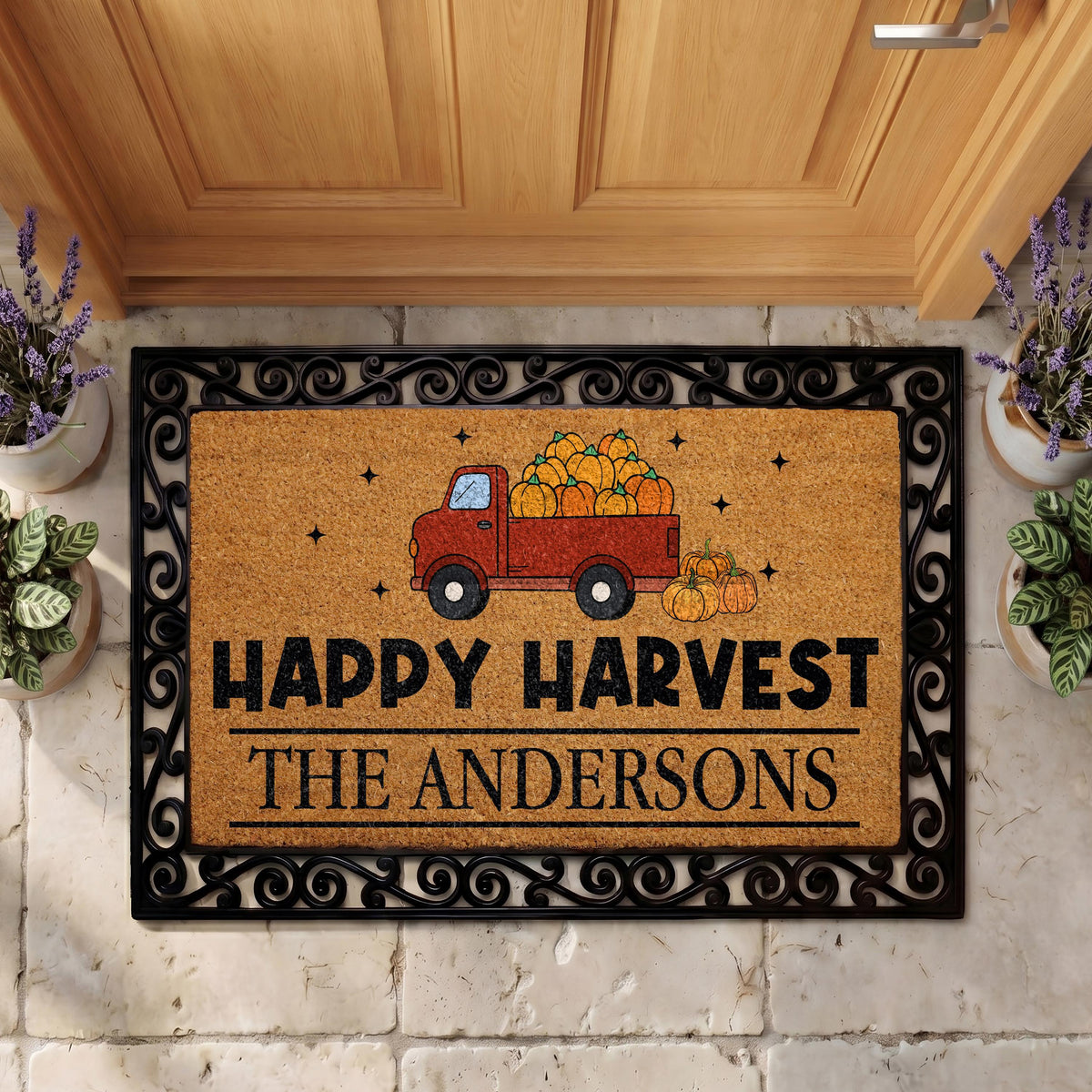 Personalized Happy Harvest Doormat, Interchangeable Fall Farmhouse Decor