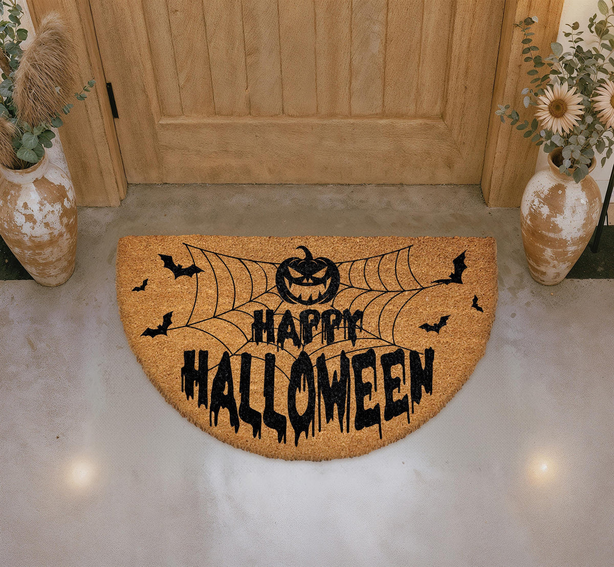 Happy Halloween Half-Moon Doormat, Pumpkin Bats Spider Web Porch Decor