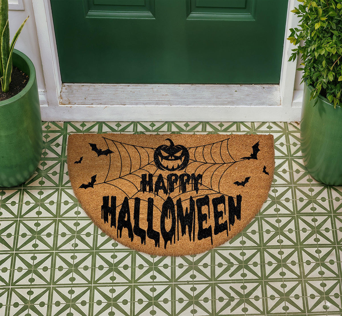 Happy Halloween Half-Moon Doormat, Pumpkin Bats Spider Web Porch Decor