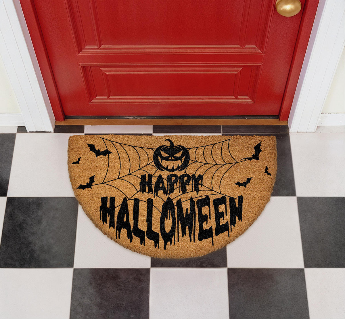 Happy Halloween Half-Moon Doormat, Pumpkin Bats Spider Web Porch Decor