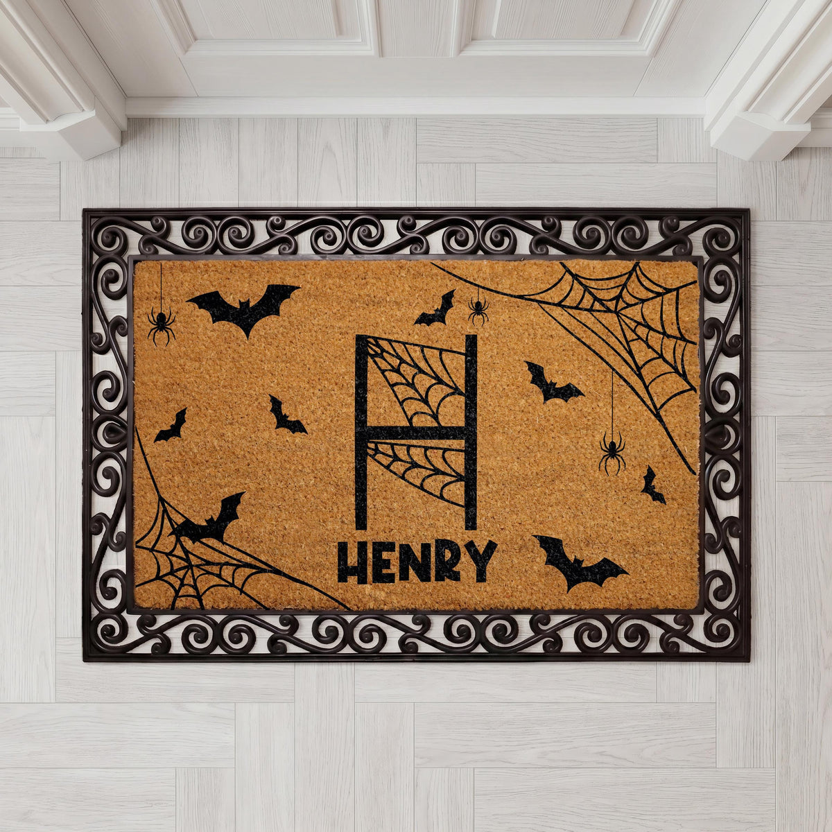 Custom Halloween Doormat, Spider Webs Bats Monogram Welcome Mat