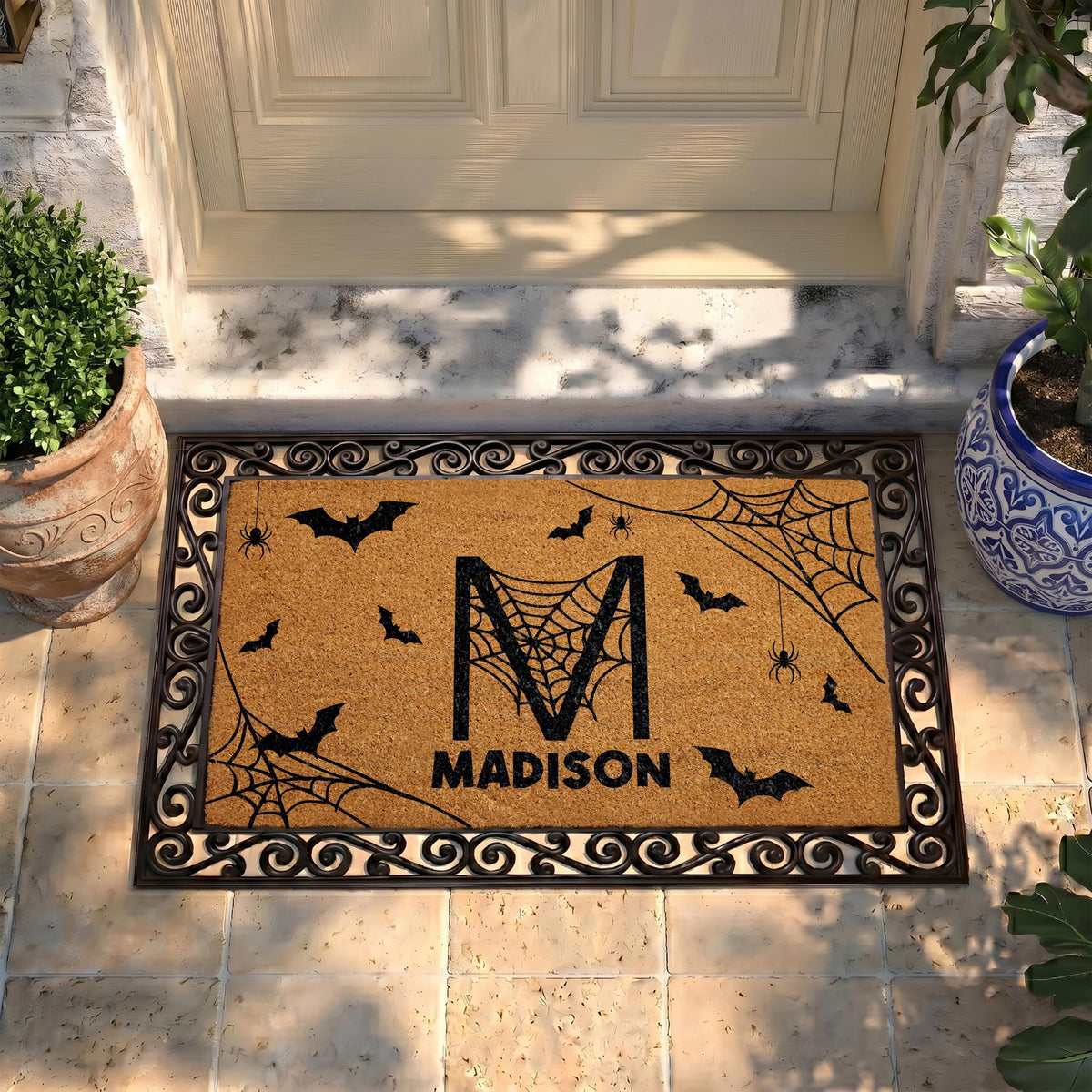 Custom Halloween Doormat, Spider Webs Bats Monogram Welcome Mat