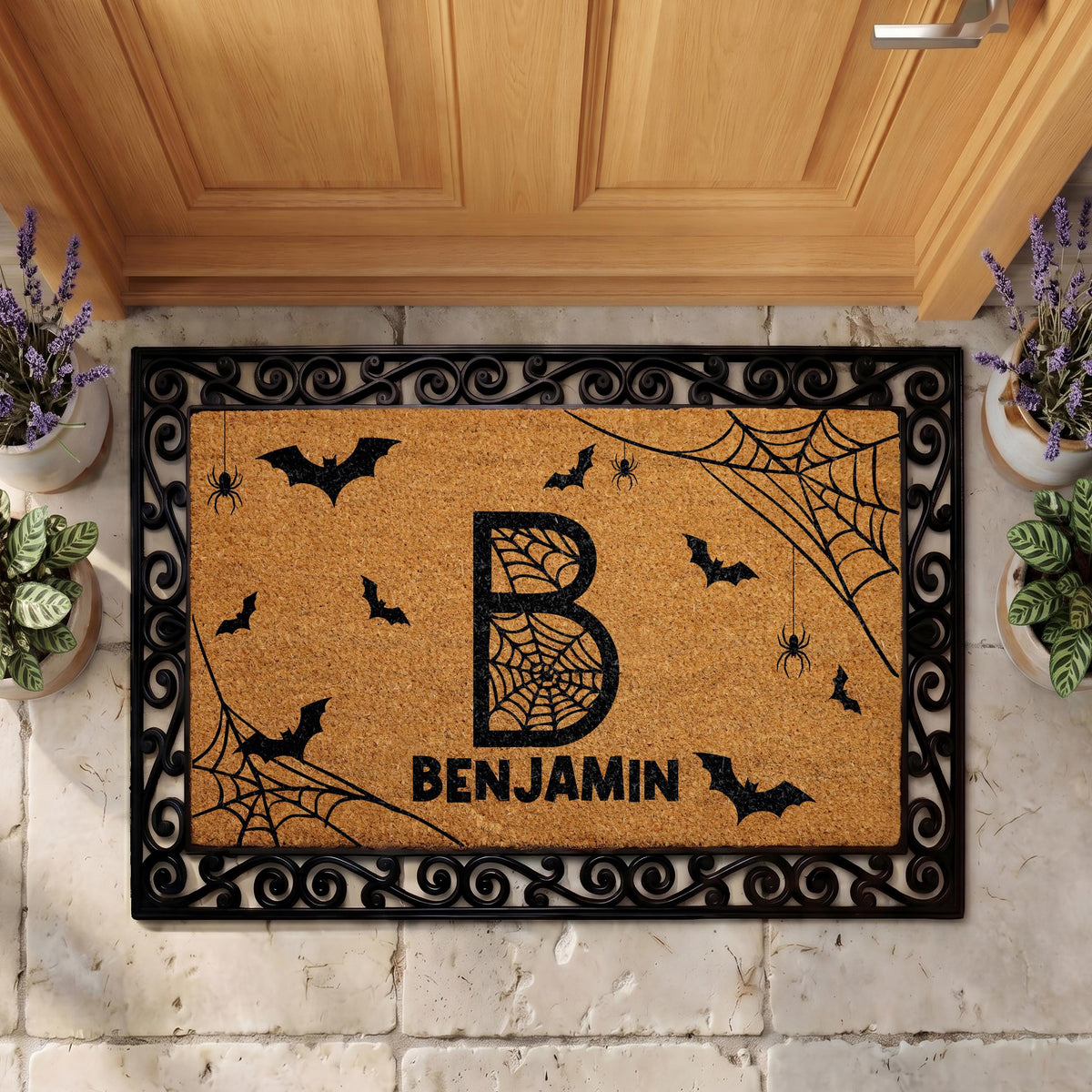 Custom Halloween Doormat, Spider Webs Bats Monogram Welcome Mat