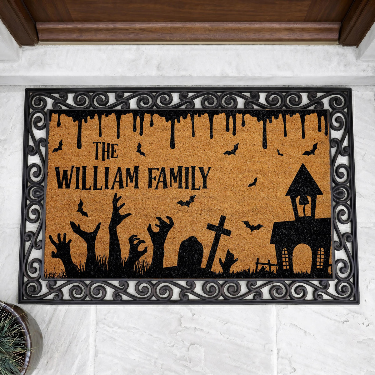 Custom Spooky Cemetery Interchangeable Doormat, Personalized Halloween Welcome Mat, Graveyard Decor