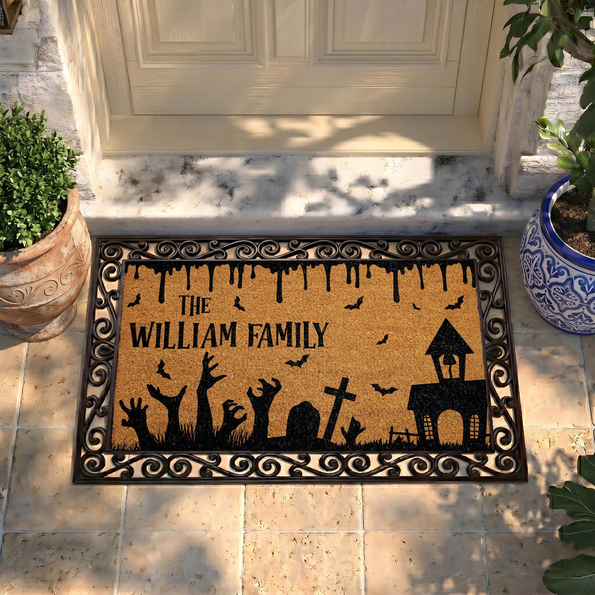 Custom Spooky Cemetery Interchangeable Doormat, Personalized Halloween Welcome Mat, Graveyard Decor