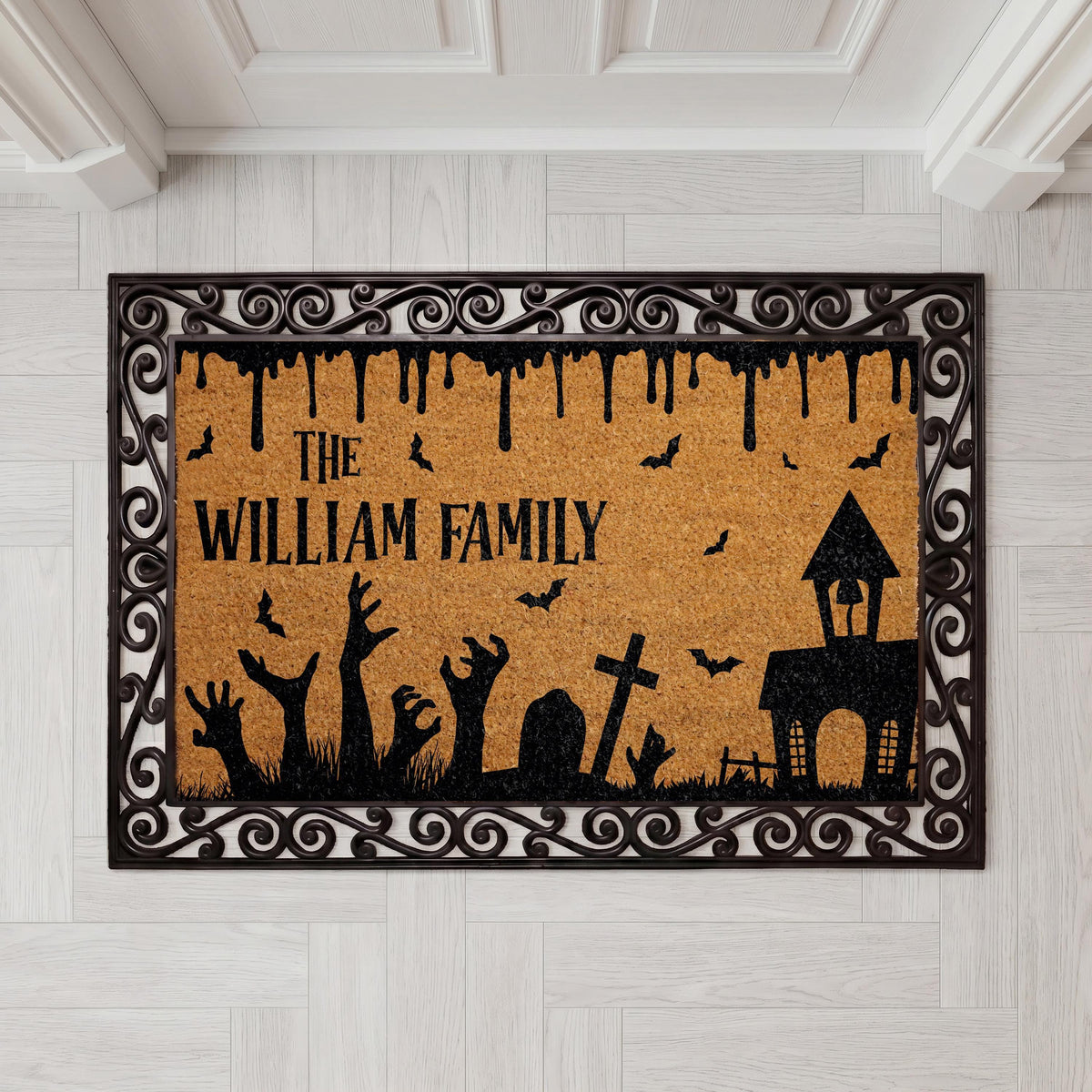 Custom Spooky Cemetery Interchangeable Doormat, Personalized Halloween Welcome Mat, Graveyard Decor