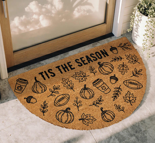 Tis The Season Fall Doormat, Half Round Pumpkin and Football Welcome Mat