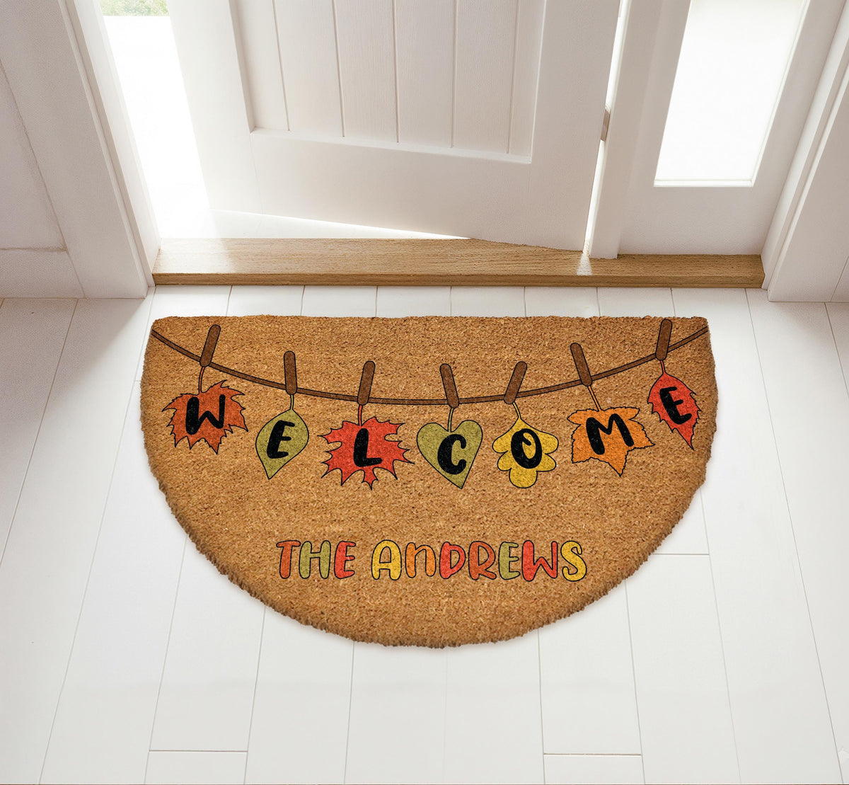 Custom Family Name Autumn Leaves Welcome Mat, Personalized Cozy Fall Half Moon Doormat