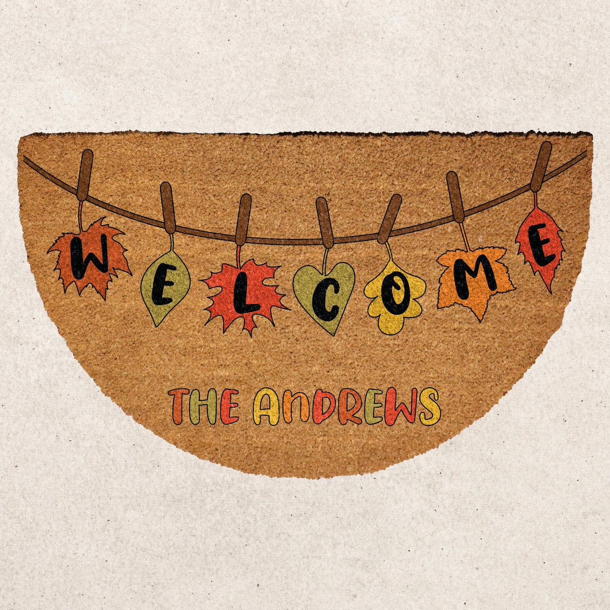 Custom Family Name Autumn Leaves Welcome Mat, Personalized Cozy Fall Half Moon Doormat