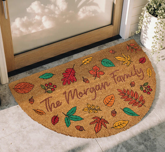Personalized Fall Season Half Moon Doormat, Custom Family Name Cozy Welcome Mat
