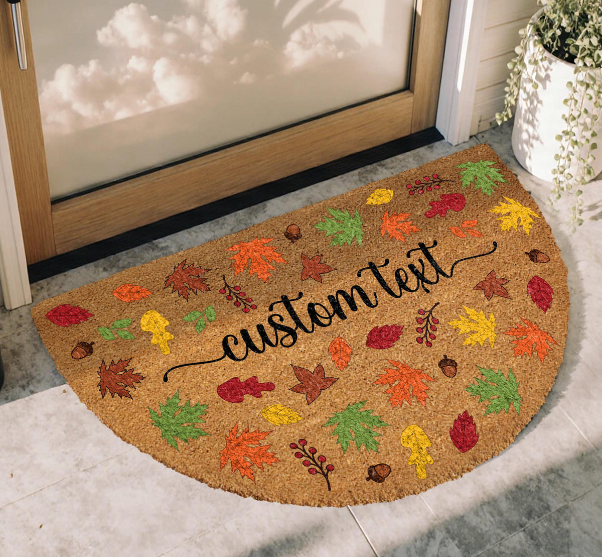 Custom Text Cozy Autumnal Welcome Mat, Cute Fall Leaves Half Round Doormat