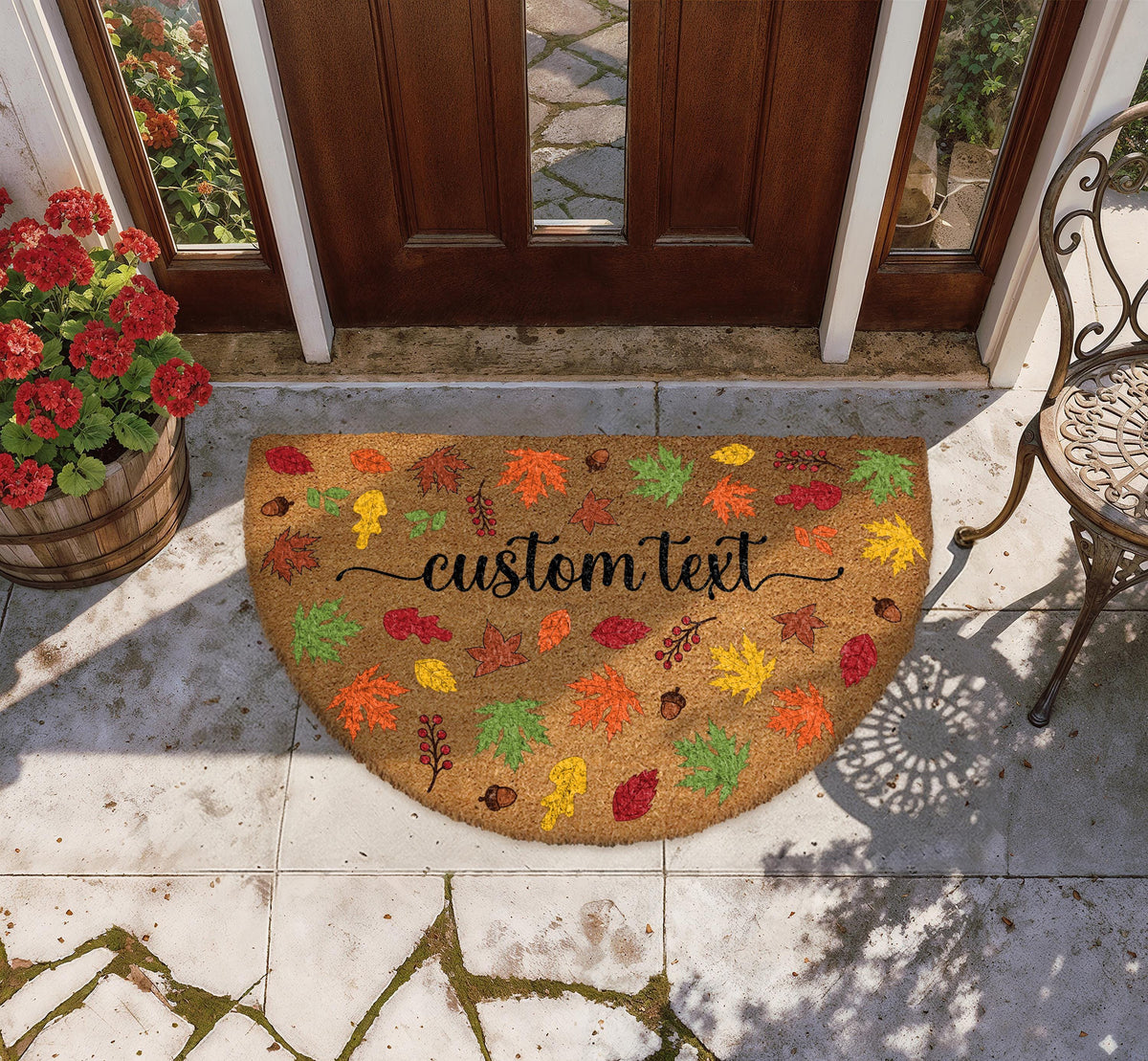 Custom Text Cozy Autumnal Welcome Mat, Cute Fall Leaves Half Round Doormat
