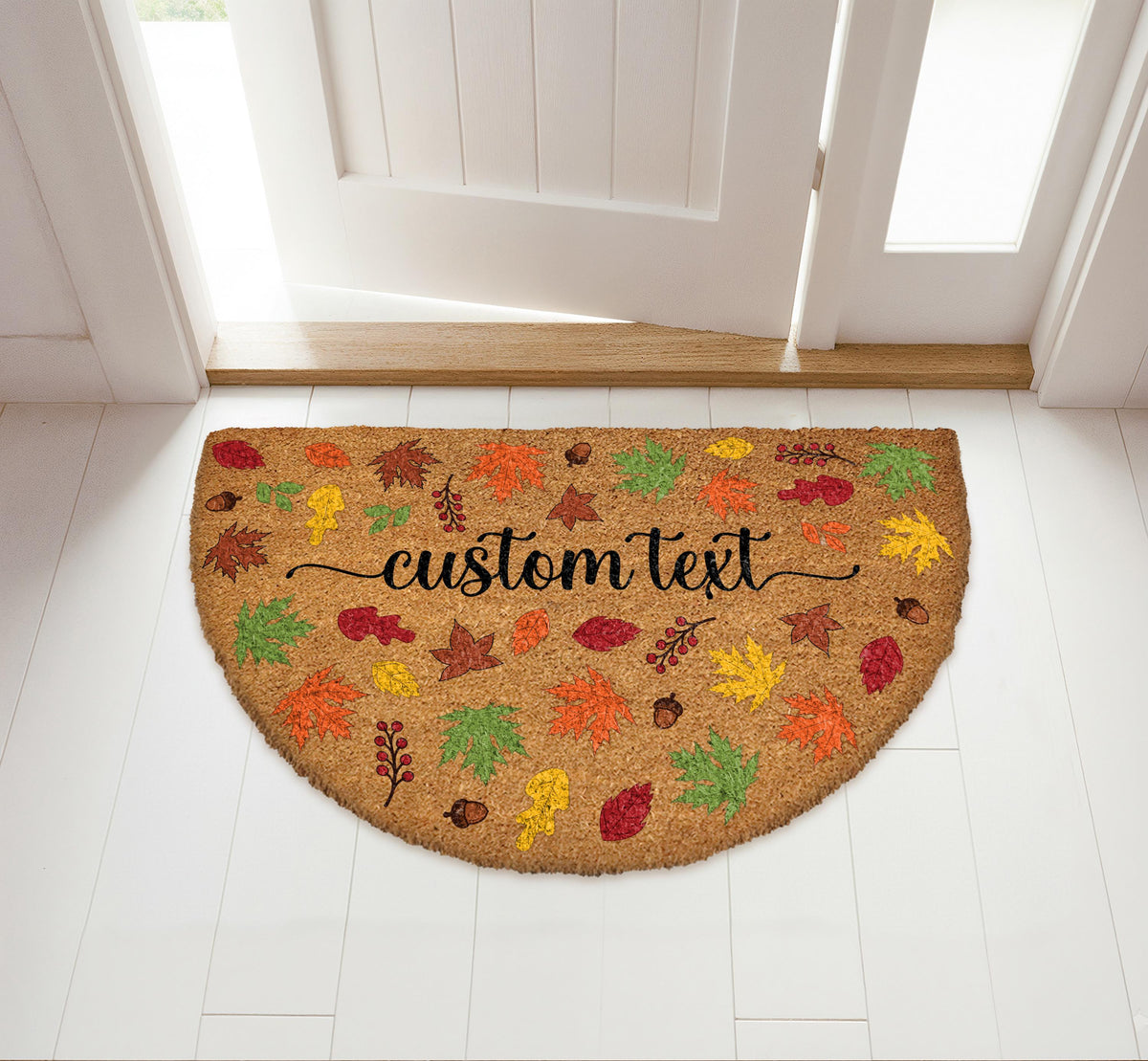 Custom Text Cozy Autumnal Welcome Mat, Cute Fall Leaves Half Round Doormat