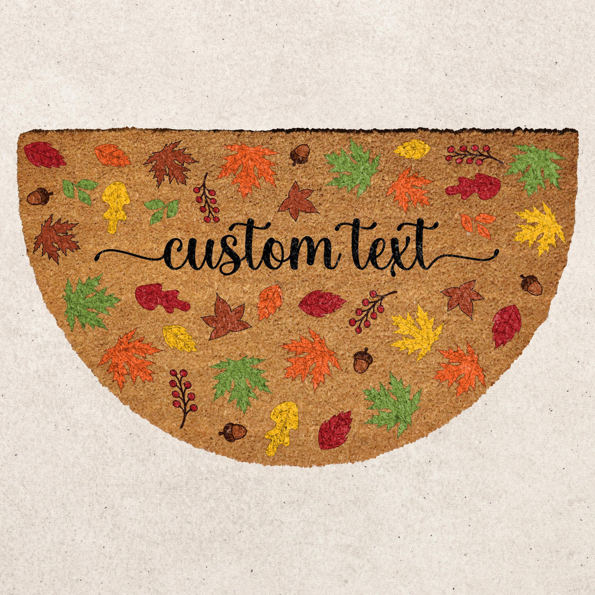 Custom Text Cozy Autumnal Welcome Mat, Cute Fall Leaves Half Round Doormat