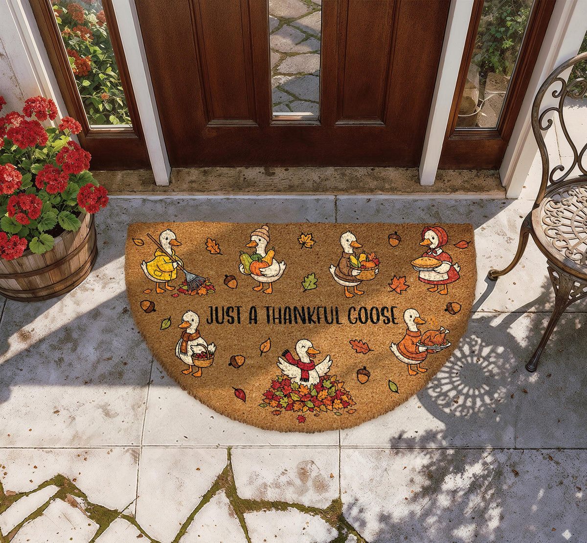 Just a Thankful Goose Fall Doormat, Cute Half Round Thanksgiving Welcome Mat