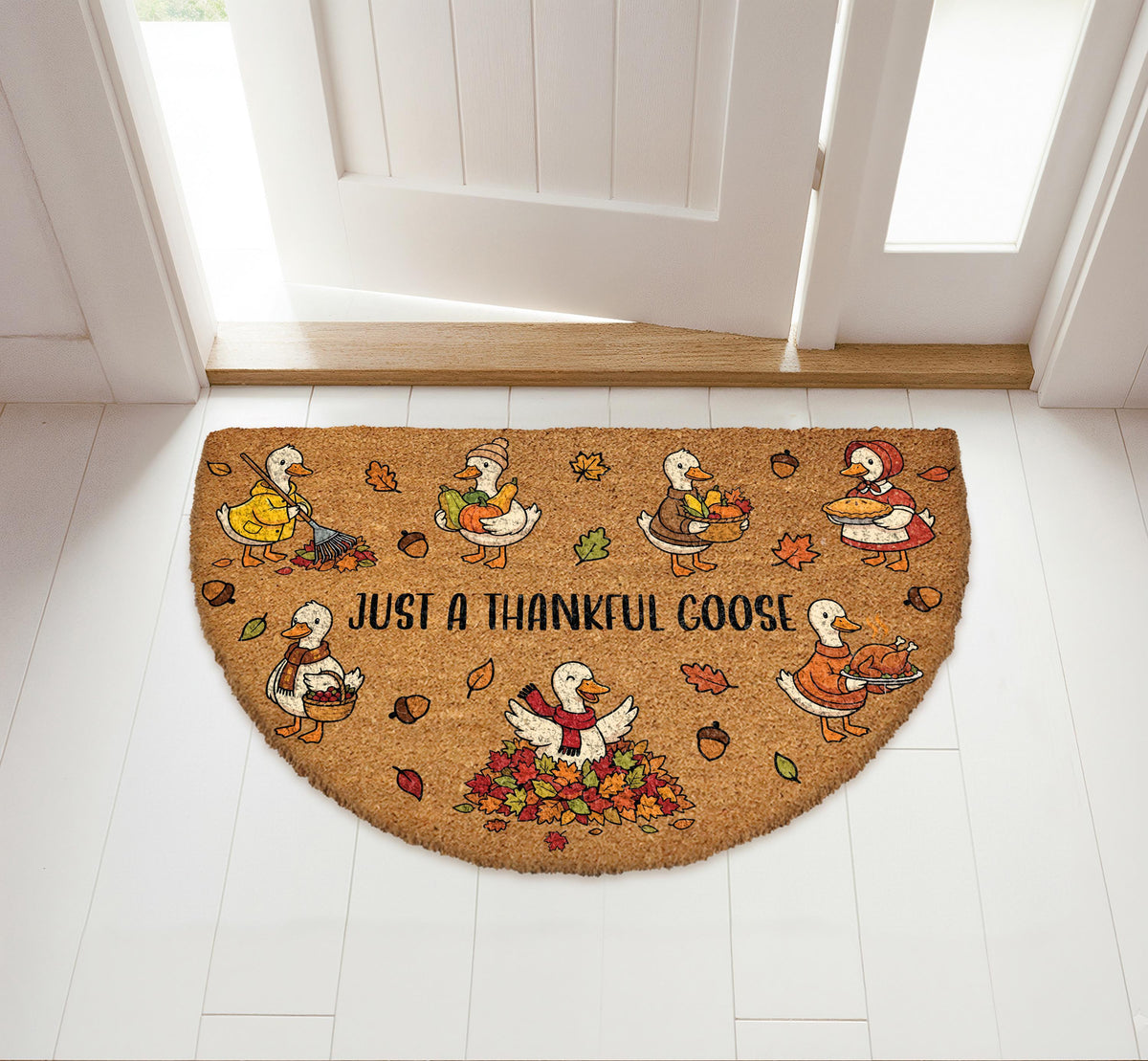 Just a Thankful Goose Fall Doormat, Cute Half Round Thanksgiving Welcome Mat