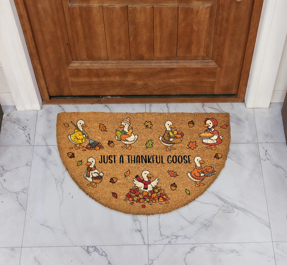 Just a Thankful Goose Fall Doormat, Cute Half Round Thanksgiving Welcome Mat