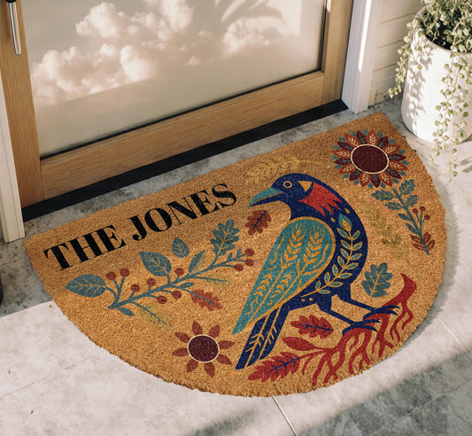 Custom Family Name Colorful Bird Doormat, Personalized Half Round Folk Art Crow Welcome Mat