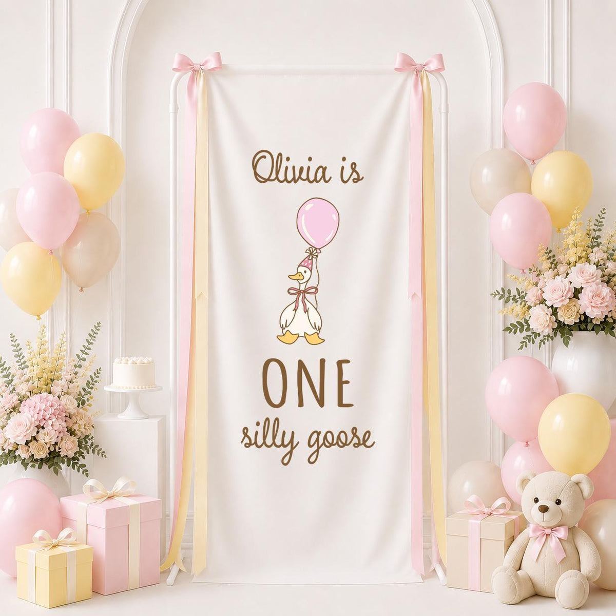 Custom 1st Birthday Girl Banner: Girls First Birthday ONE Goose Welcome Sign