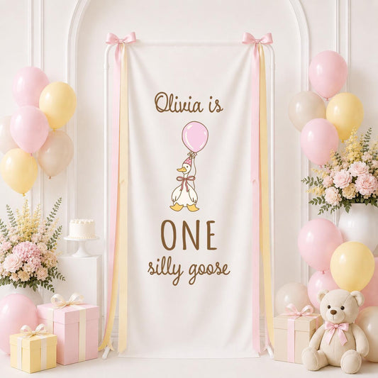 Custom 1st Birthday Girl Banner: Girls First Birthday ONE Goose Welcome Sign