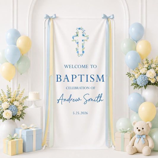 Custom Blue Baptism Banner, Personalized Celebration Backdrop Sign
