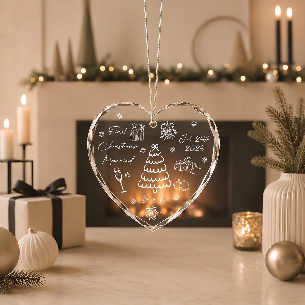 Personalized First Christmas Married Crystal Glass Keepsake Ceramic Ornament