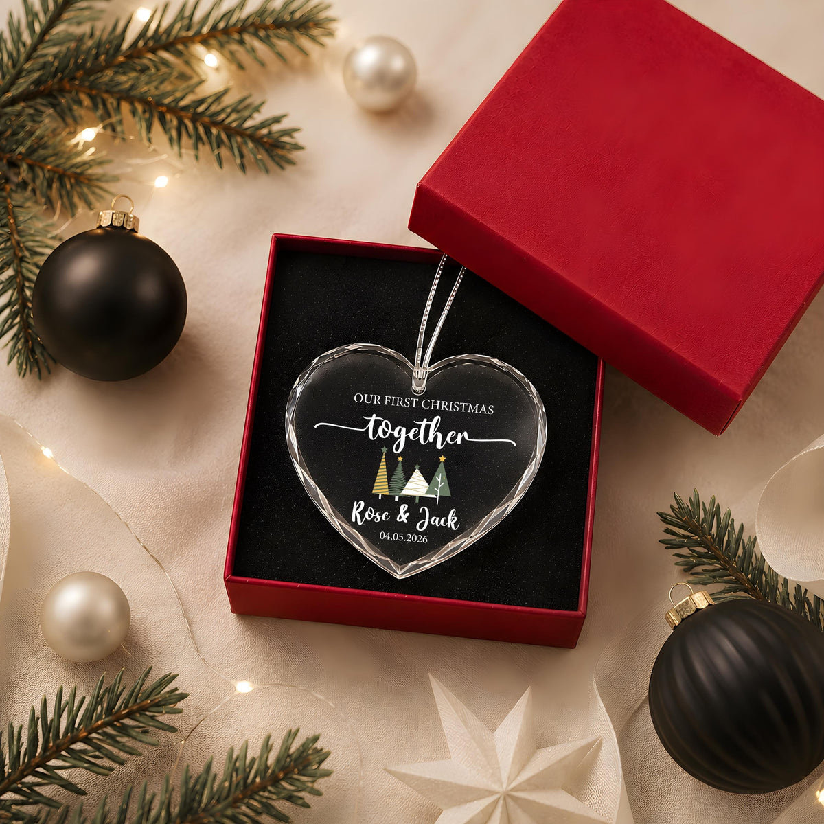 Custom Name & Date Our First Christmas Ornament, New Year Newlyweds Crystal Glass Keepsake