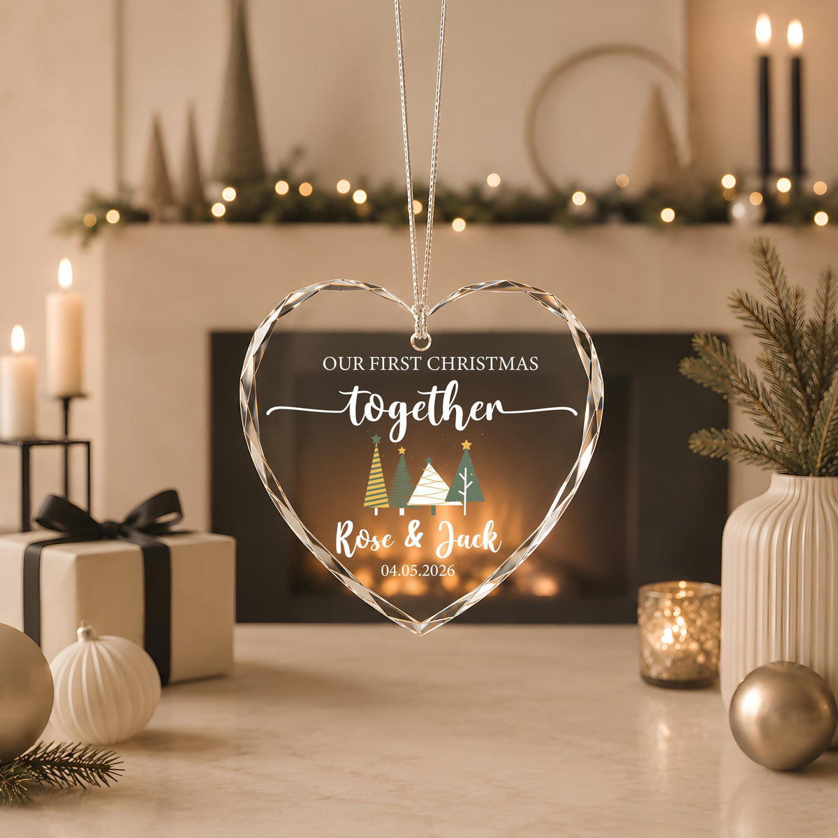 Custom Name & Date Our First Christmas Ornament, New Year Newlyweds Crystal Glass Keepsake