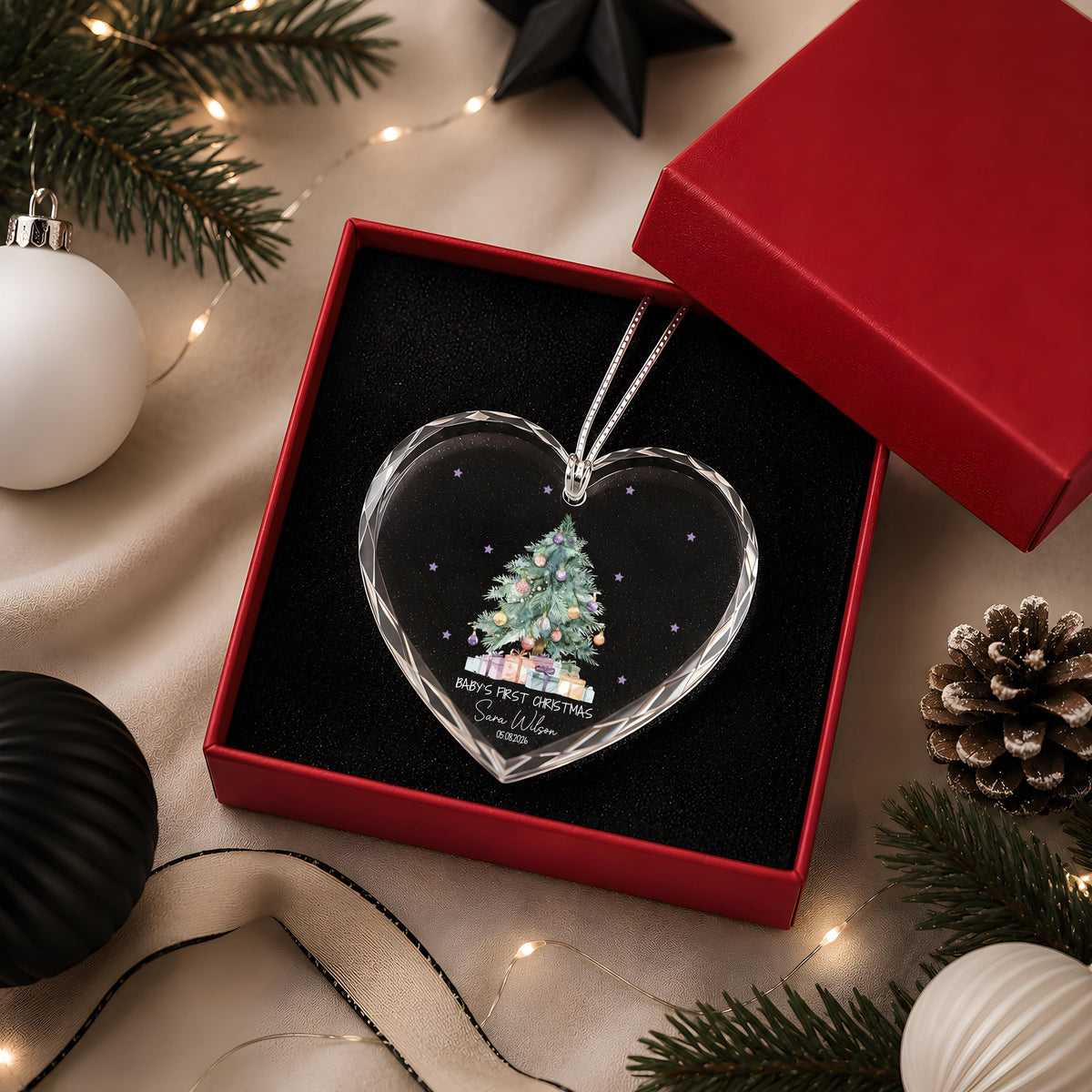 Personalized Baby's First Christmas Glass Ornament, Christmas Tree Design New Born Keepsake