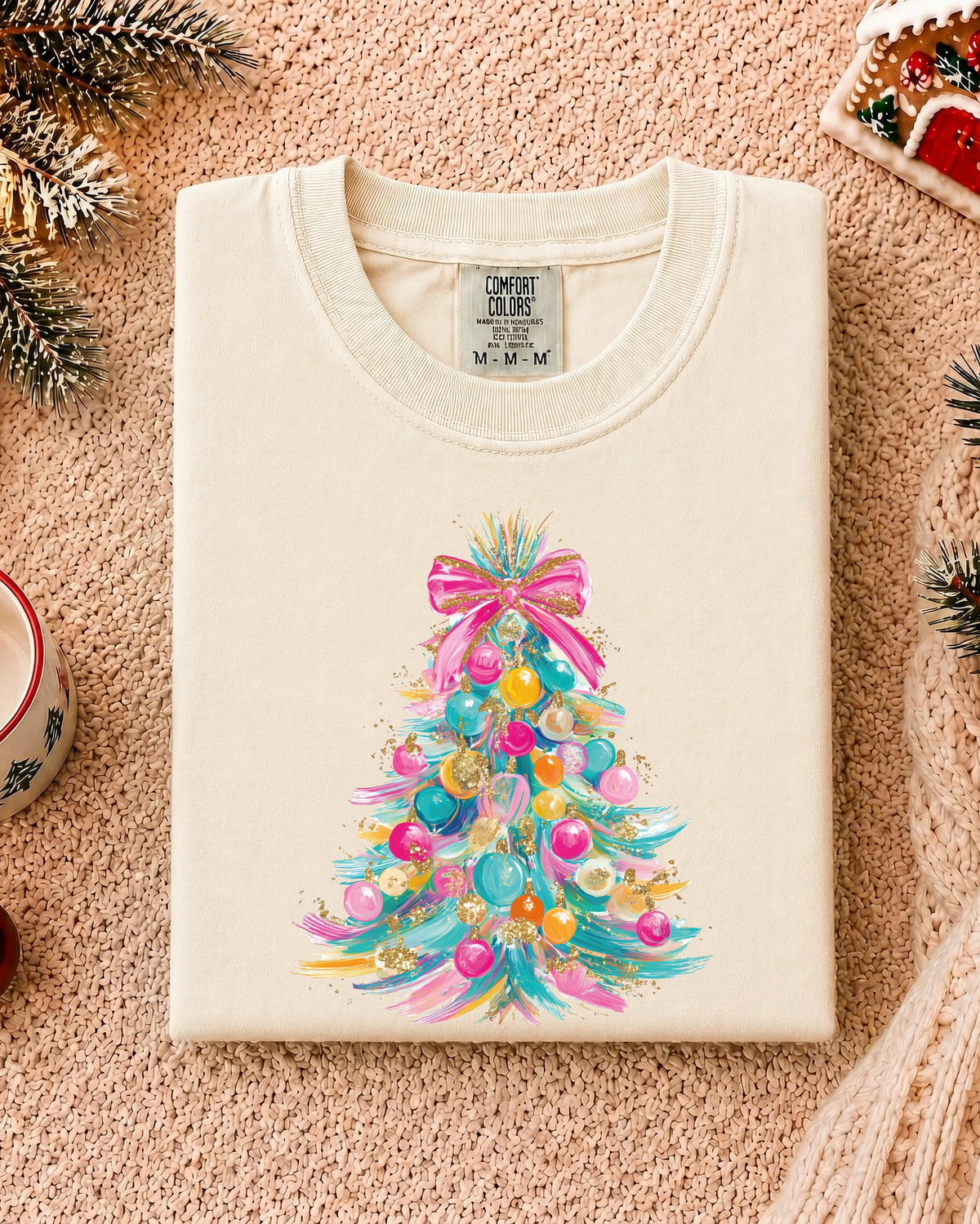 Preppy Christmas Tree Comfort Colors® T-Shirt, Colorful Coquette Bow Xmas Tee, Women Holiday Gift