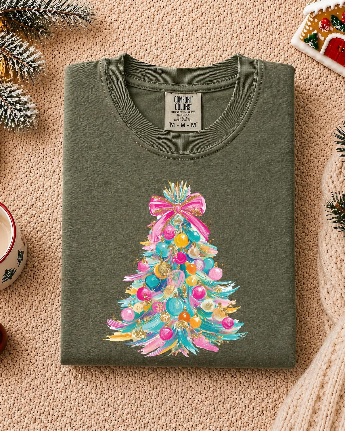 Preppy Christmas Tree Comfort Colors® T-Shirt, Colorful Coquette Bow Xmas Tee, Women Holiday Gift