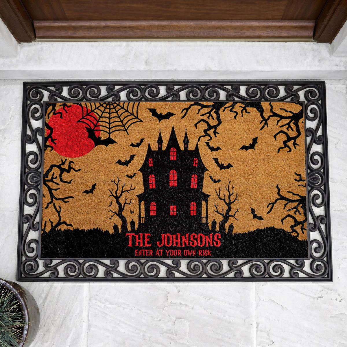 Custom Haunted Mansion Doormat, Spooky Halloween Entryway Decor, Enter at Your Own Risk Mat