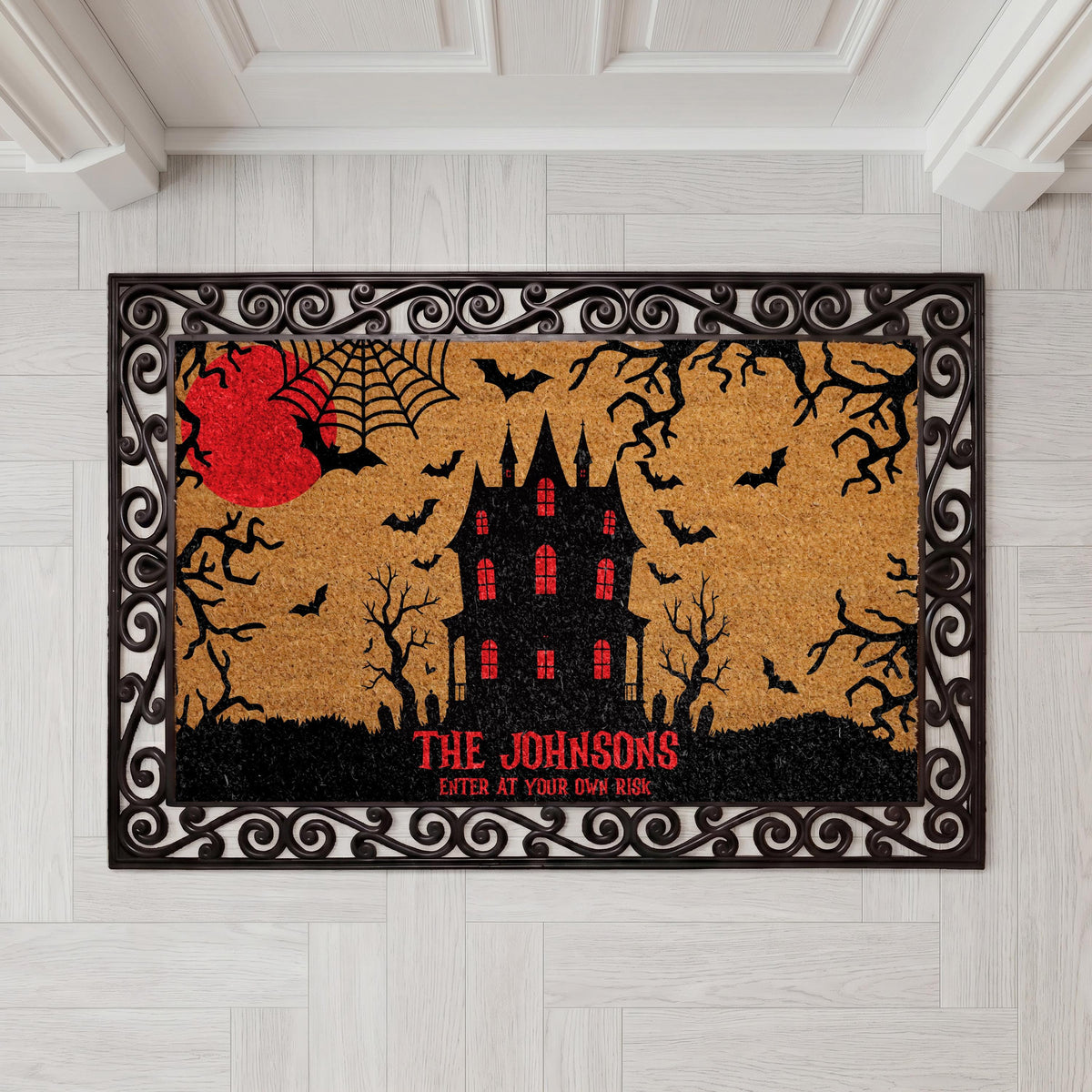 Custom Haunted Mansion Doormat, Spooky Halloween Entryway Decor, Enter at Your Own Risk Mat