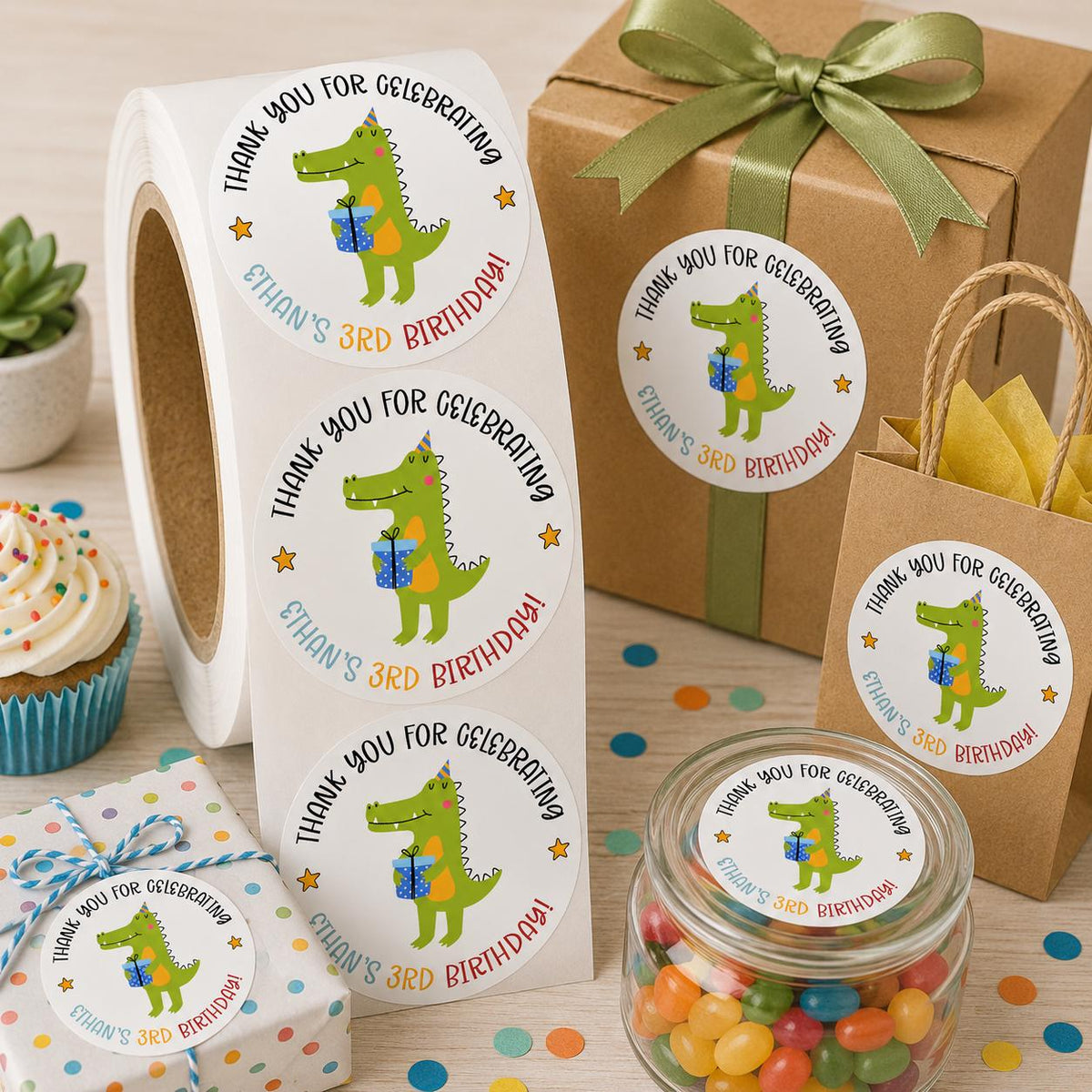 Custom Dinosaur Birthday Favor Stickers, Baby's First Birthday Party Labels
