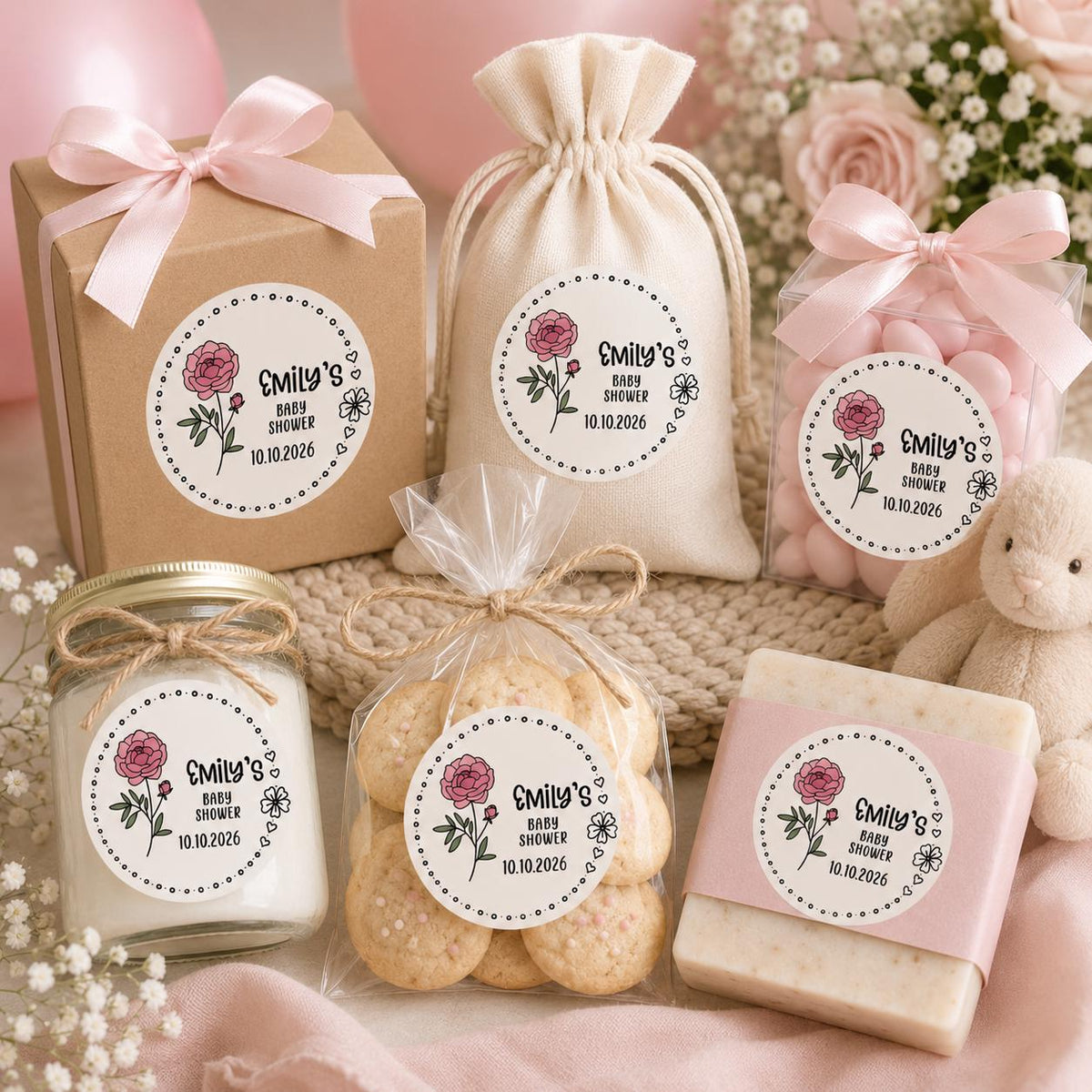 Custom Floral Baby Shower Favor Stickers, Personalized Celebration Labels