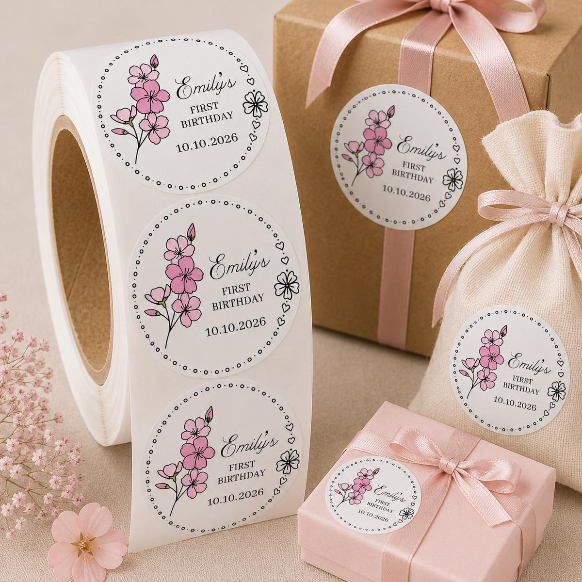 Custom Floral First Birthday Stickers, Baby Shower Favor Labels, Personalized Celebration Stickers
