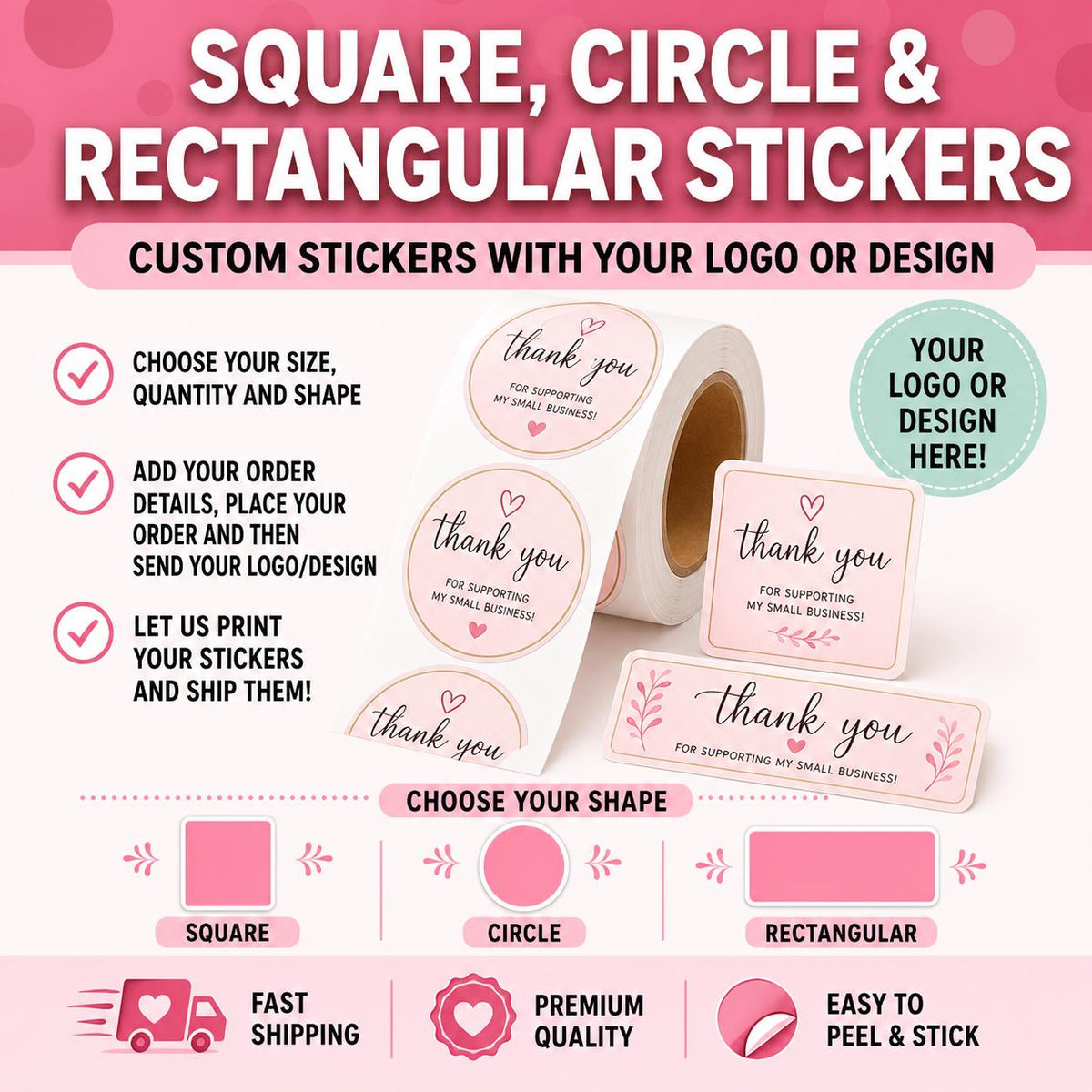 Custom Thank You Stickers, Logo Design Labels, Square Circle Roll (Digital Download)