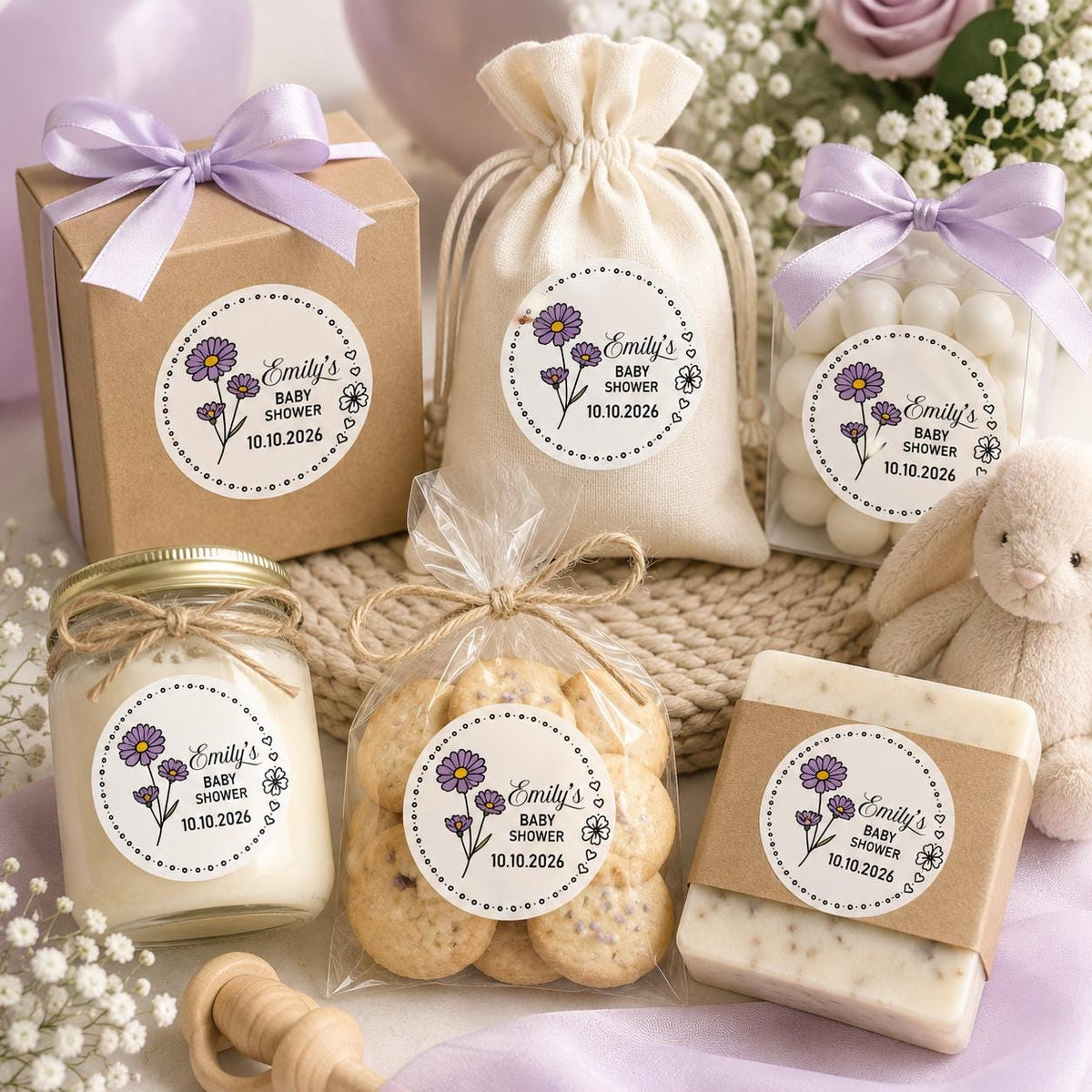 Custom Floral Baby Shower Favor Stickers, Personalized Celebration Labels
