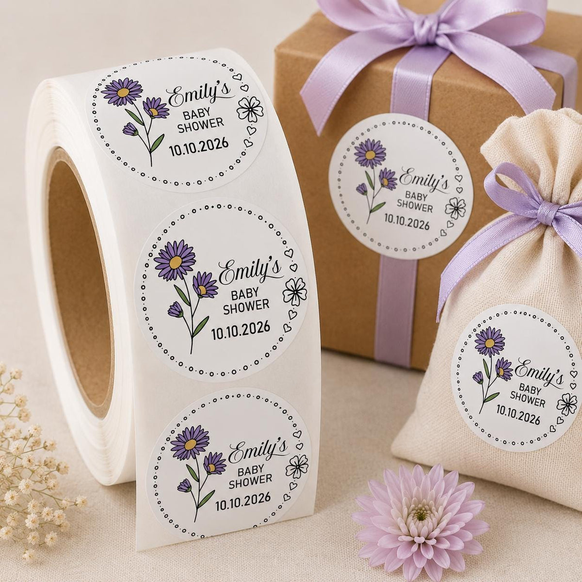 Custom Floral Baby Shower Favor Stickers, Personalized Celebration Labels