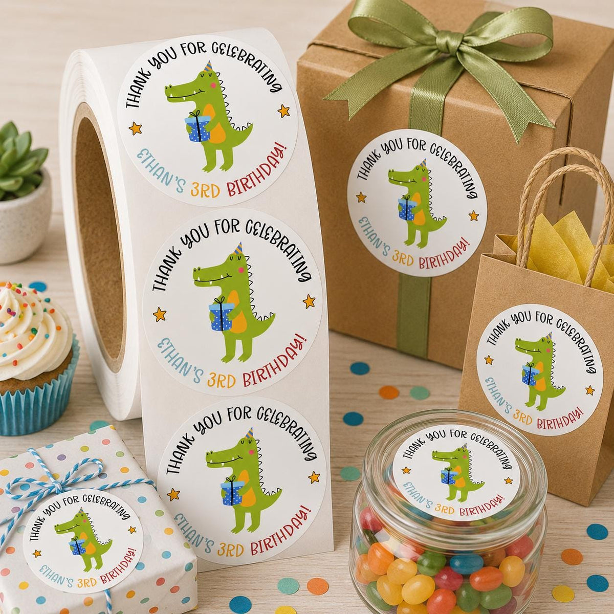 Custom Birthday Favor Stickers, Personalized Party Labels, Cupcake Thank You Stickers