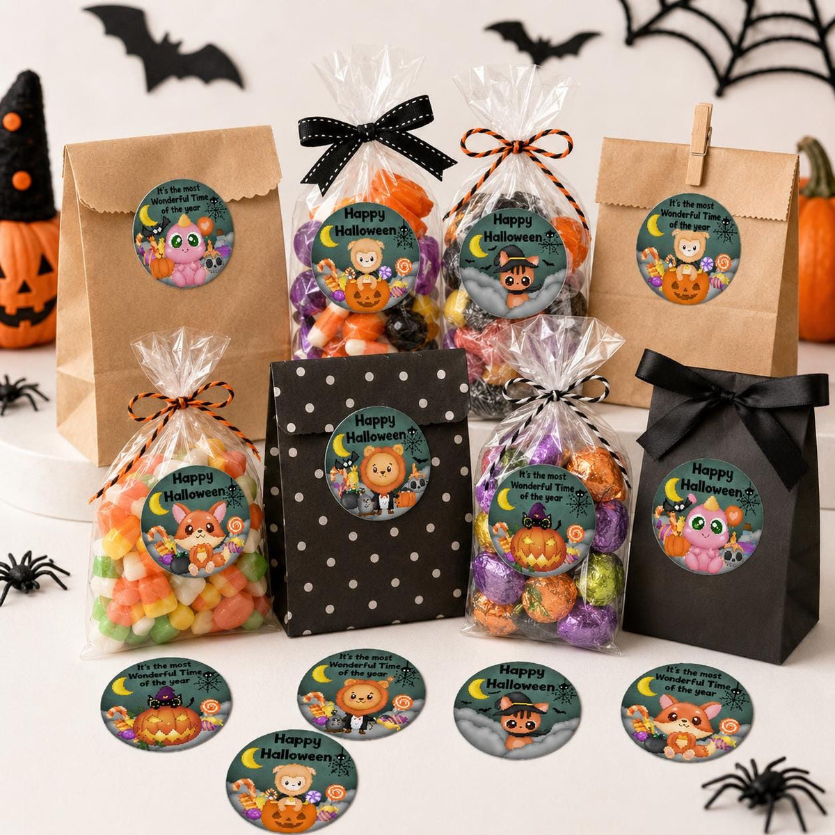 Halloween Treat Stickers, Round Candy Bag Seals, Kids Party Favor Labels