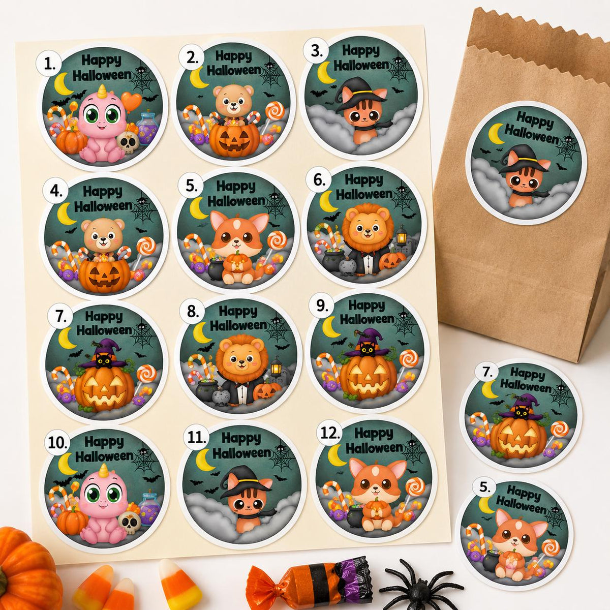 Halloween Treat Stickers, Round Candy Bag Seals, Kids Party Favor Labels