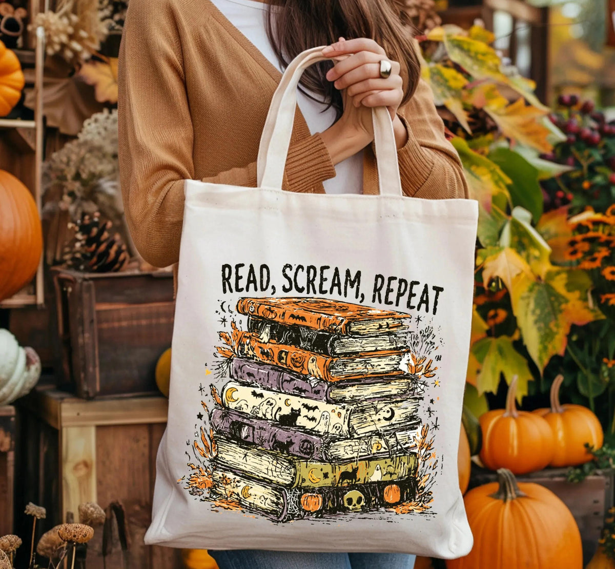 Read Scream Repeat Tote Bag, Spooky Season Books Tote, Halloween Gift Tote Bag