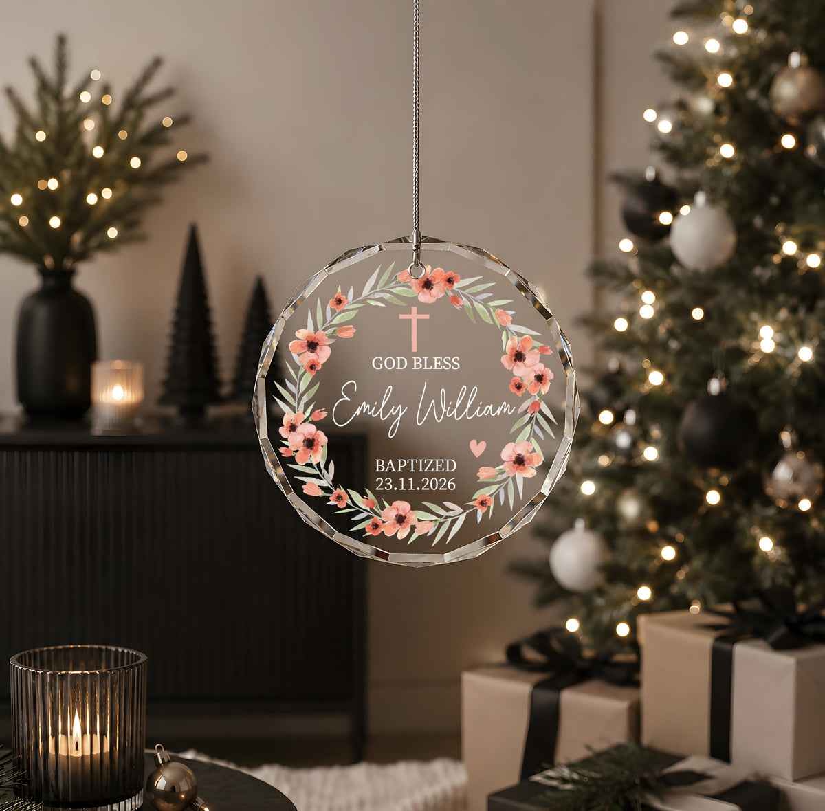 Custom God Bless Round Glass Ornament, Floral Baptized Keepsake, Toddler Holy Communion Gift