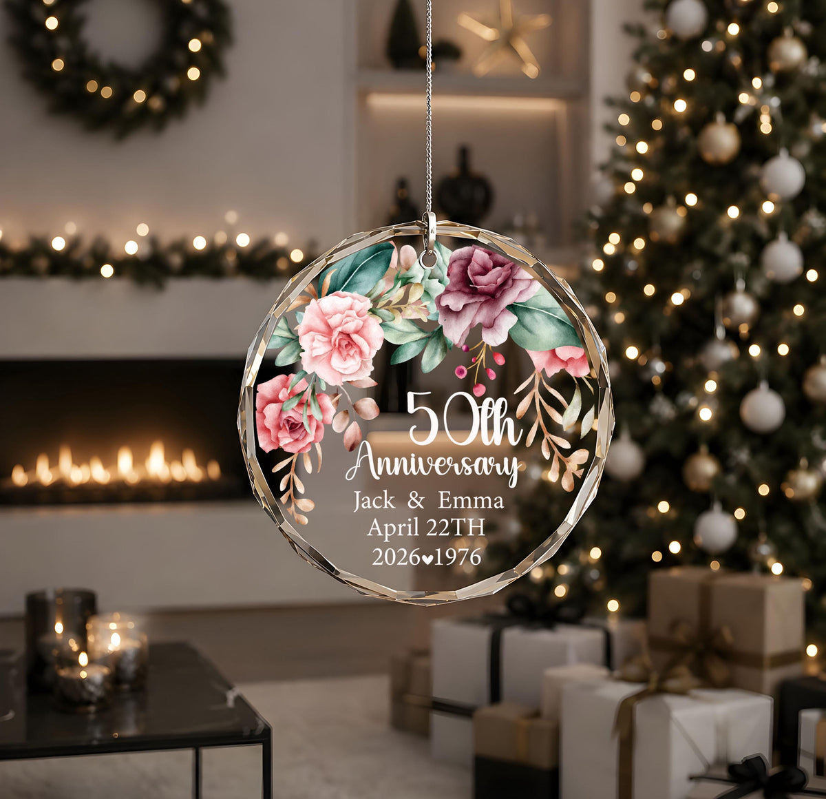 Personalized Floral Wreath Anniversary Ornament, Marriage Milestone Round Glass Keepsake