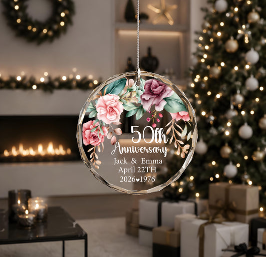 Personalized Floral Wreath Anniversary Ornament, Marriage Milestone Round Glass Keepsake