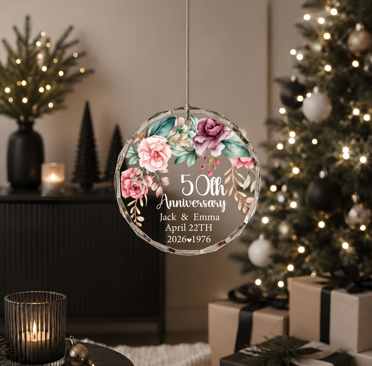 Personalized Floral Wreath Anniversary Ornament, Marriage Milestone Round Glass Keepsake