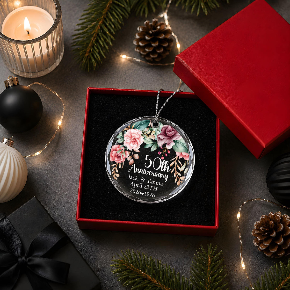 Personalized Floral Wreath Anniversary Ornament, Marriage Milestone Round Glass Keepsake